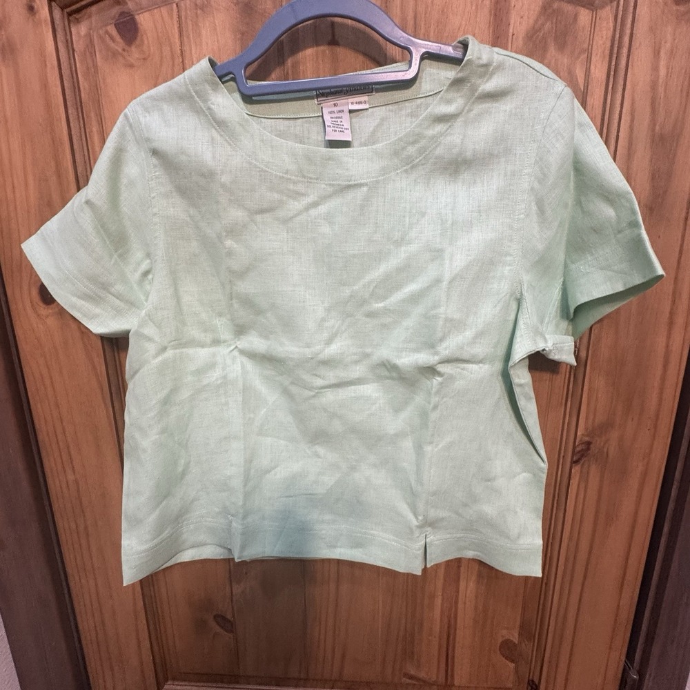 Stephanie Andrews 100% Linen Mint‎ Green Boxy Top 10 Short Sleeve Summer Blouse